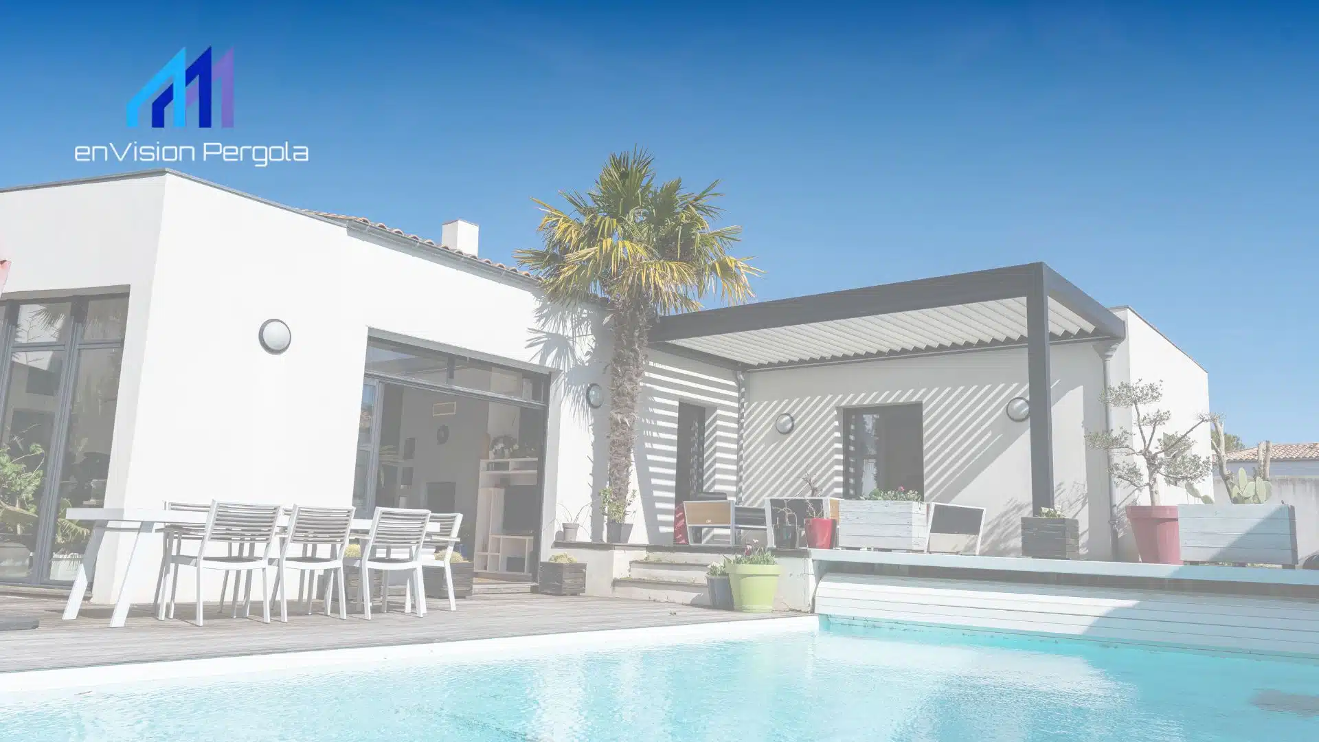 Modern white pergola beside a swimming pool, featuring the enVision Pergola logo on the house wall.
