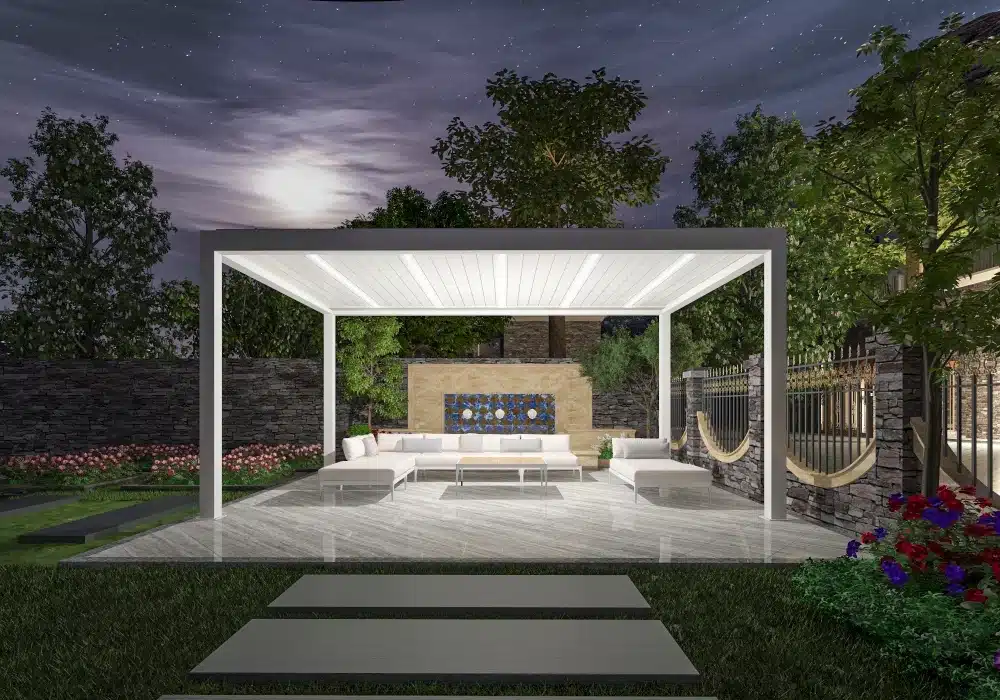 Freestanding pergola with soft lighting over a modern outdoor seating area at night