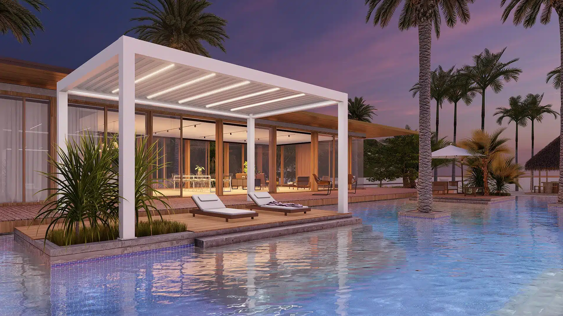 Modern Free Standing Pergola by the Pool at Sunset Modern free standing pergola with LED lighting built over a poolside deck at sunset