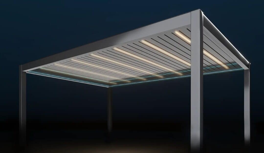 Modern louvered pergola with integrated lighting used for outdoor shade control