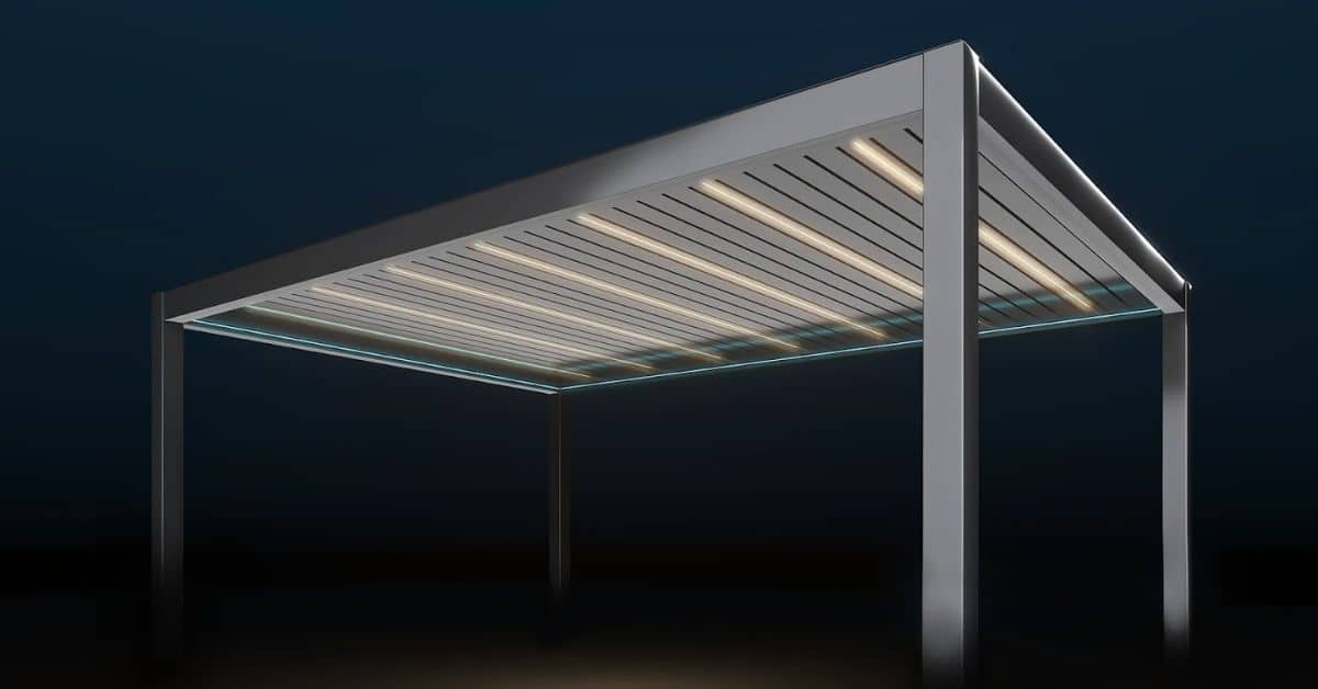 Modern Louvered Pergola With Integrated Lighting Modern louvered pergola with integrated lighting used for outdoor shade control