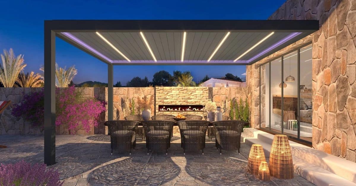 Pergola with clear polycarbonate roof panels allowing filtered sunlight in.