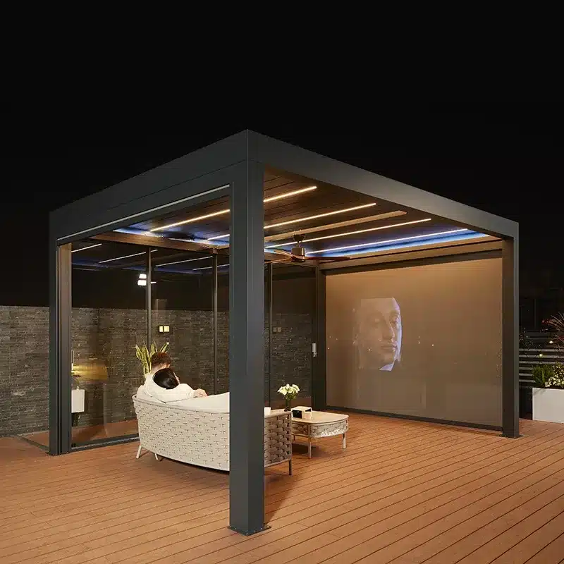 Pergola With Motorized Shade and LED Lighting at Night - enVision Pergola Pergola motorized shade with LED lighting and privacy screen used at night