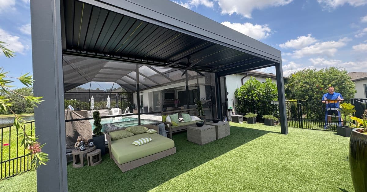 Aluminum Pergola for Outdoor Living Space - enVision Pergola Aluminum pergola installed over outdoor seating area in backyard