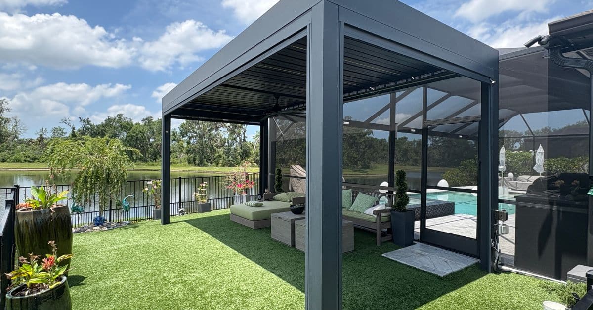 Freestanding Aluminum Pergola Installation Freestanding aluminum pergola installed in residential backyard