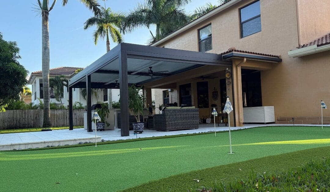 Wind resistant pergola installed in a residential backyard outdoor living space
