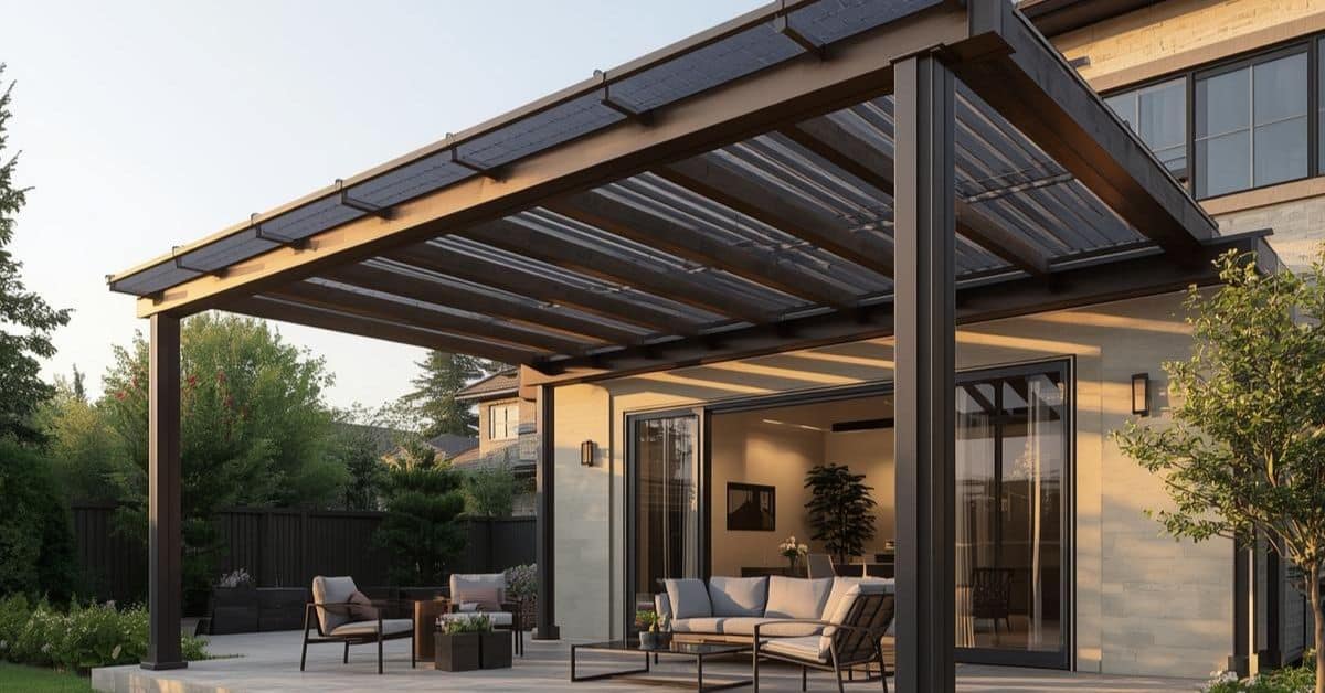 Patio Solar Pergola Installation - enVision Pergola Attached wooden pergola with solar panels covering a luxury patio with outdoor seating and large sliding glass doors.