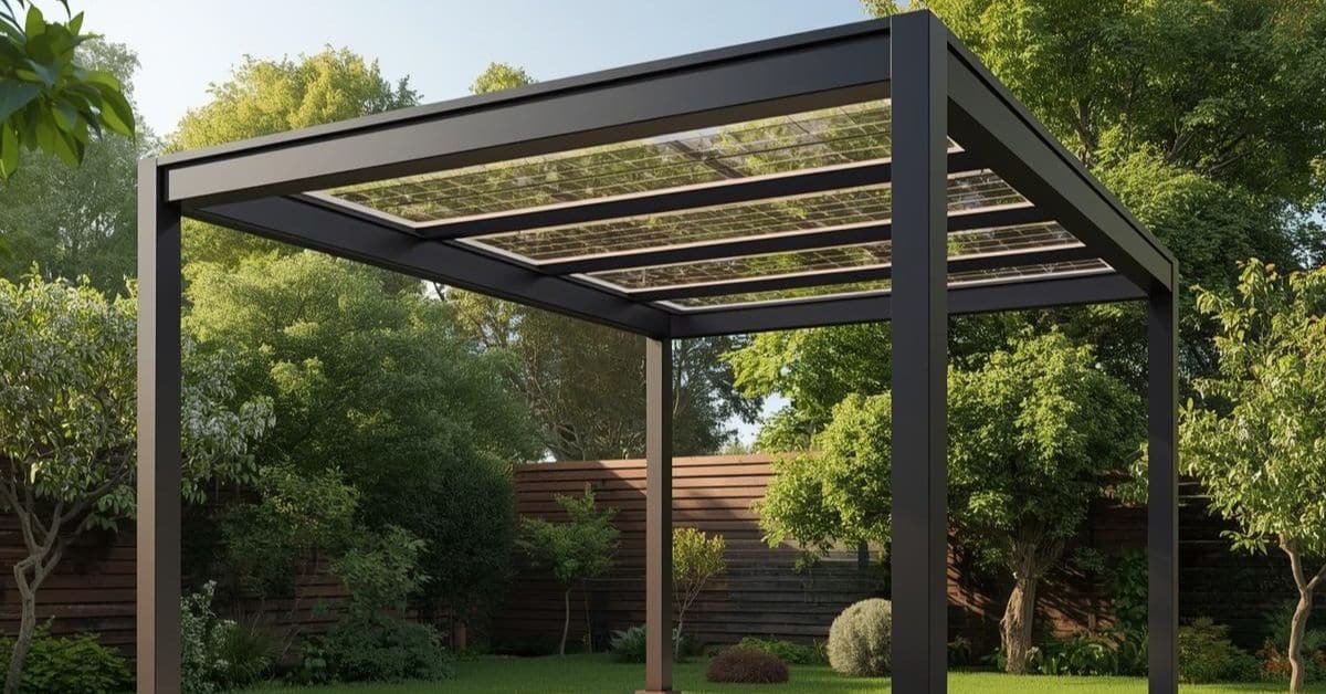 Free-standing Garden Solar Pergola - enVision Pergola Minimalist black metal free-standing pergola with solar roof panels located in a lush, green backyard garden setting.