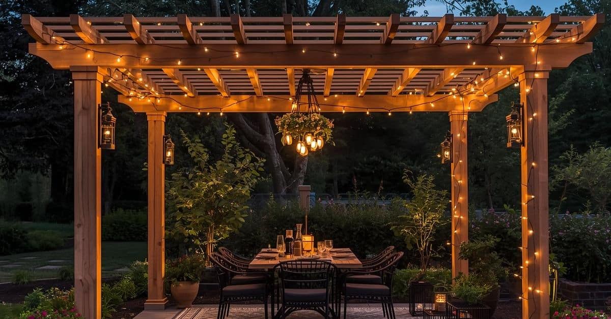 Pergola Lighting Ideas for Outdoor Living Spaces Pergola lighting ideas featuring string lights over an outdoor dining area at night