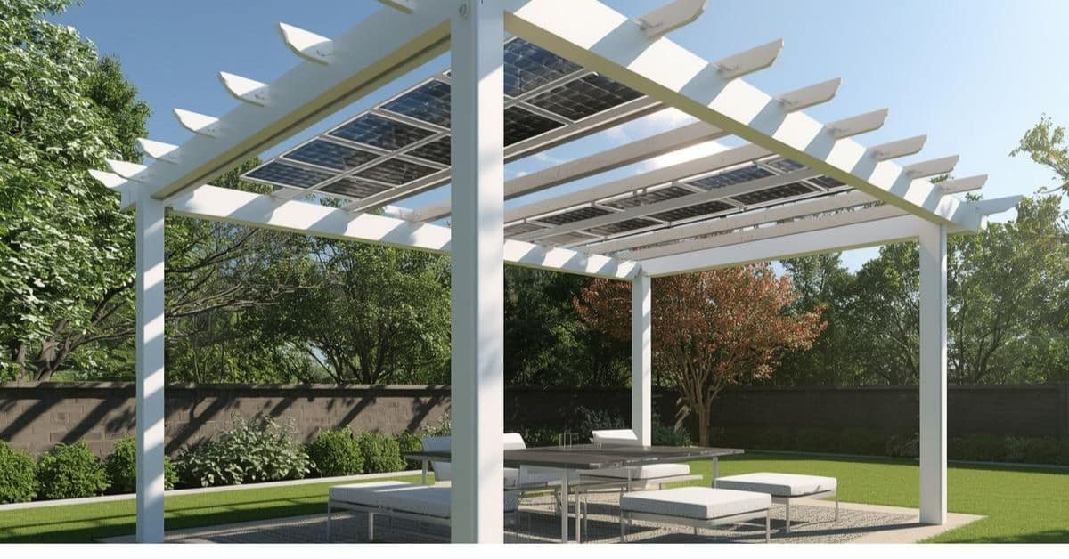 Solar-Integrated Pergola Design A modern white backyard pergola structure with integrated solar panels on the roof and an outdoor seating/dining area beneath.