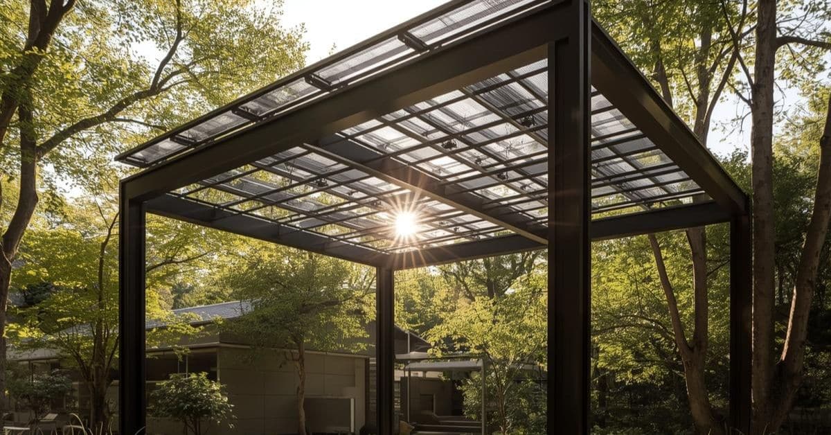 Sustainable Solar Pergola Design - enVision Pergola Low-angle view of a solar-paneled pergola roof with sunlight streaming through, set in a forested garden.