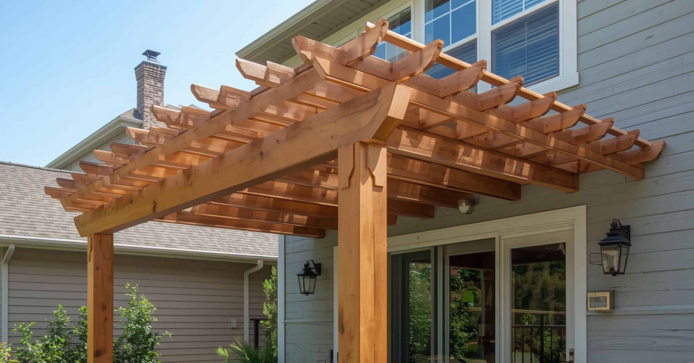 Traditional Attached Timber Pergola Design - enVision Pergola A classic stained cedar wood pergola attached to the side of a residential home, providing architectural interest over a sliding glass door.