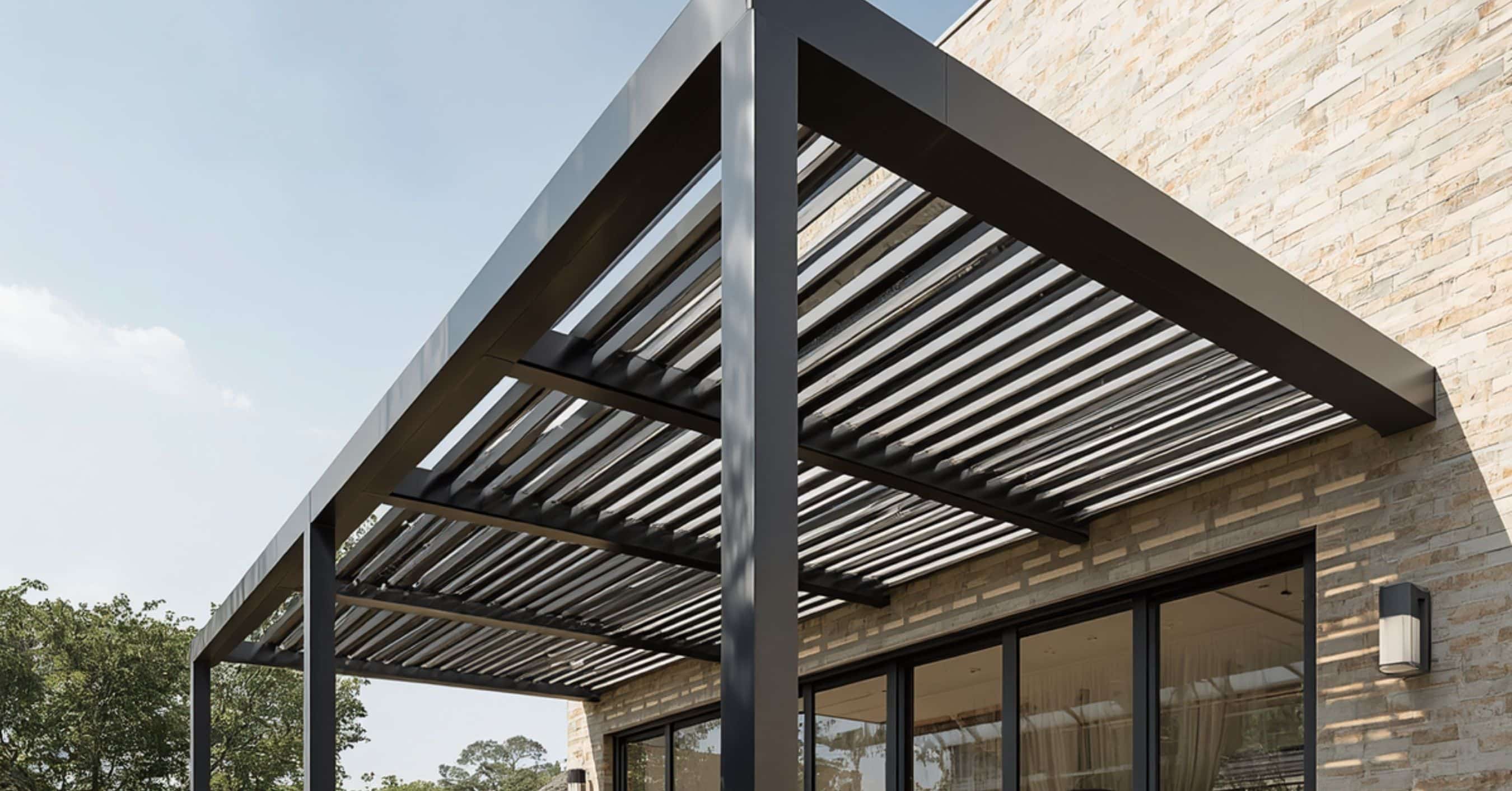 Smart Motorized Pergola with Adjustable Louvers A sleek, black aluminum motorized pergola system with adjustable louvers installed over a modern deck, featuring a smartphone app interface for automated shade control.