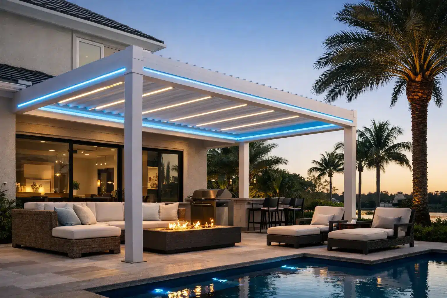 Luxury Pergola Buying Guide for Florida Homes Modern backyard patio at dusk with a white pergola, blue LED lights, and a cozy seating area around a rectangular fire pit near a pool.